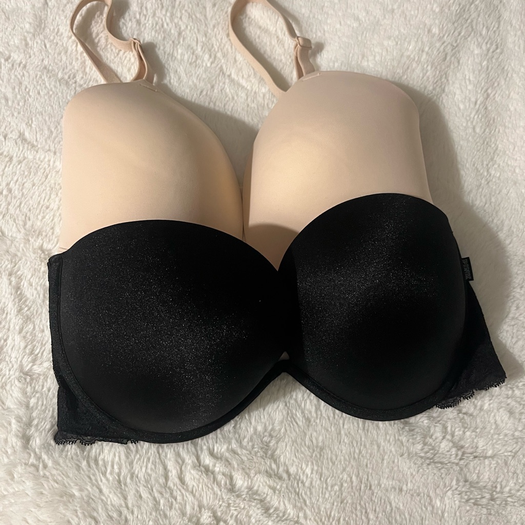 Pink Set Of 2 Bras Size 32dd Strapless Black & Front-Close Nude